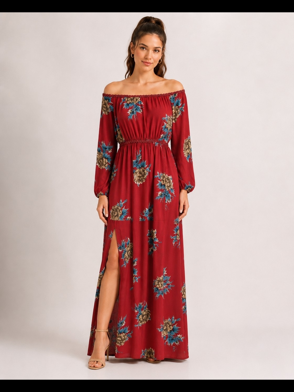 Showpo Womens Wine Red Off-Shoulder Leg Slit Floral Maxi Dress Size 4